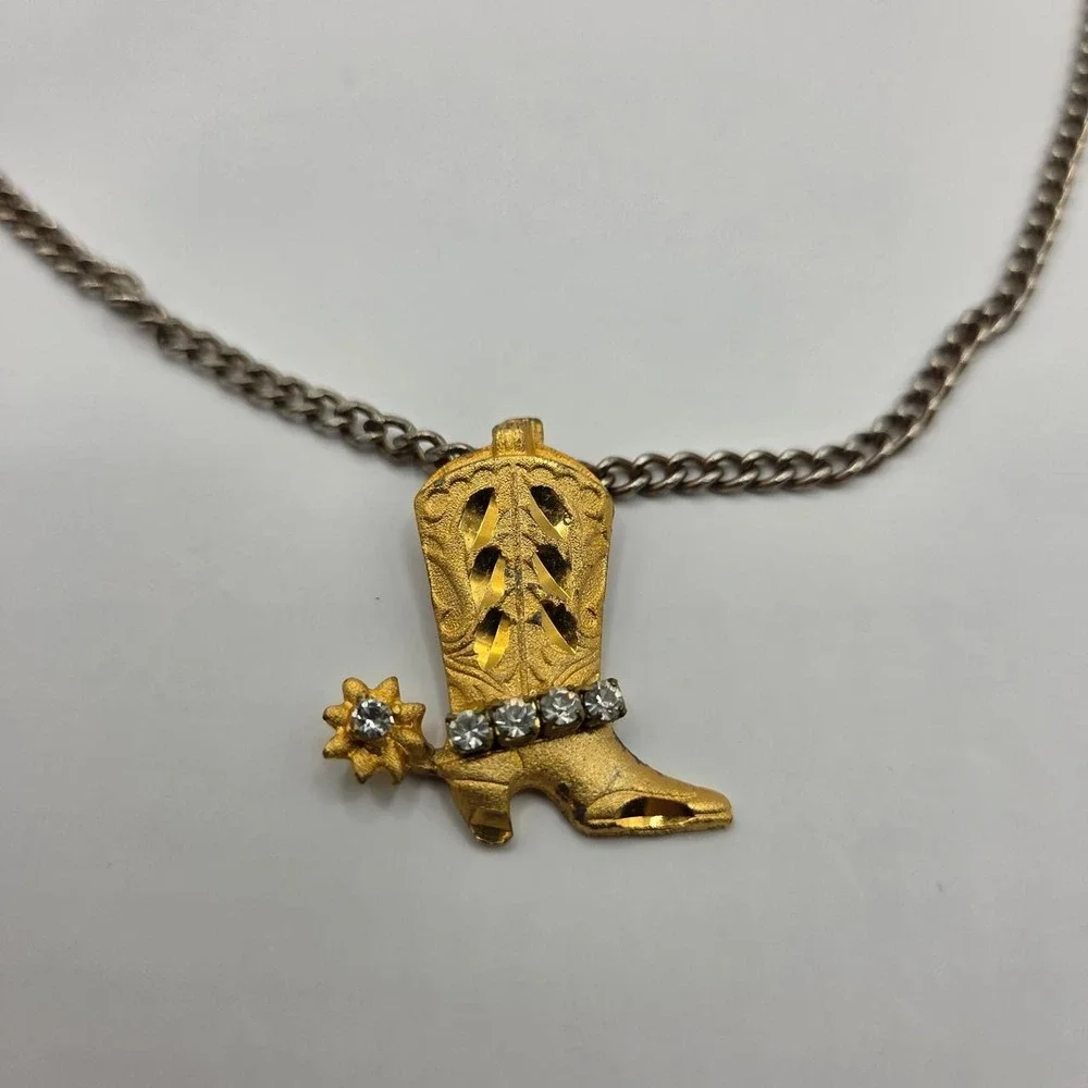Unbranded Cowboy Boot Necklace Women OS Gold Silver Good Rhinestone Western Spur